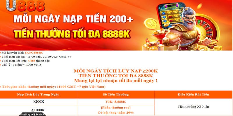 Tặng tiền thưởng ưu đãi cho các tài khoản tích lũy nạp mỗi ngày từ 200k